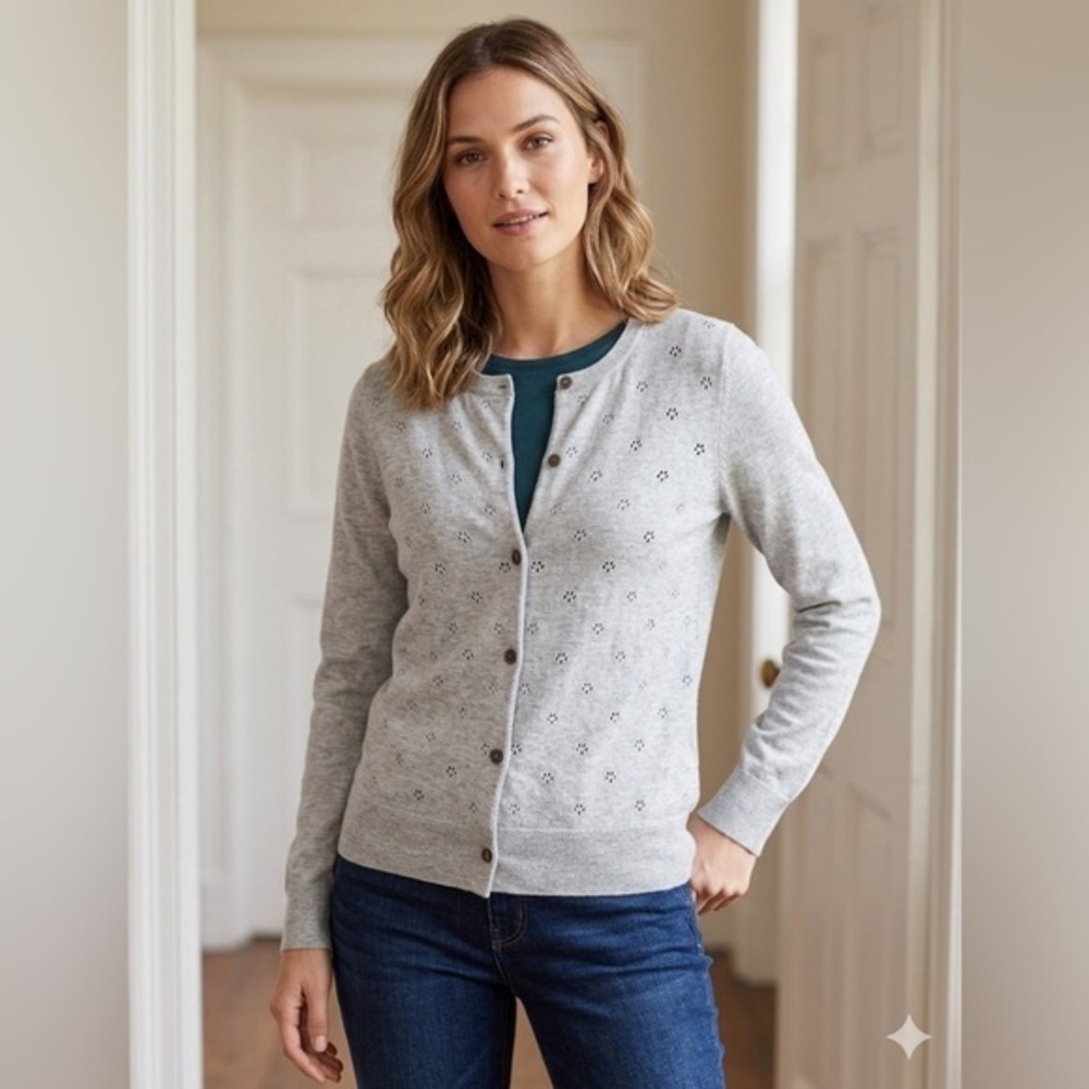 Lands' End Women’s XXS P 100% Supima Cotton Gray Cardigan Sweater Top 2XS 0